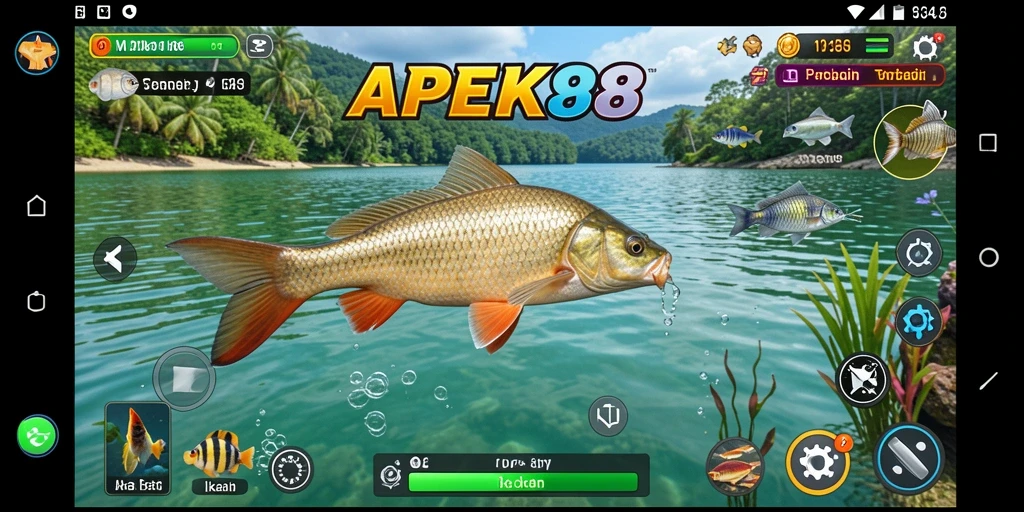 Tampilan screenshot APEK88 menunjukkan aksi seru saat memancing di perairan yang indah.