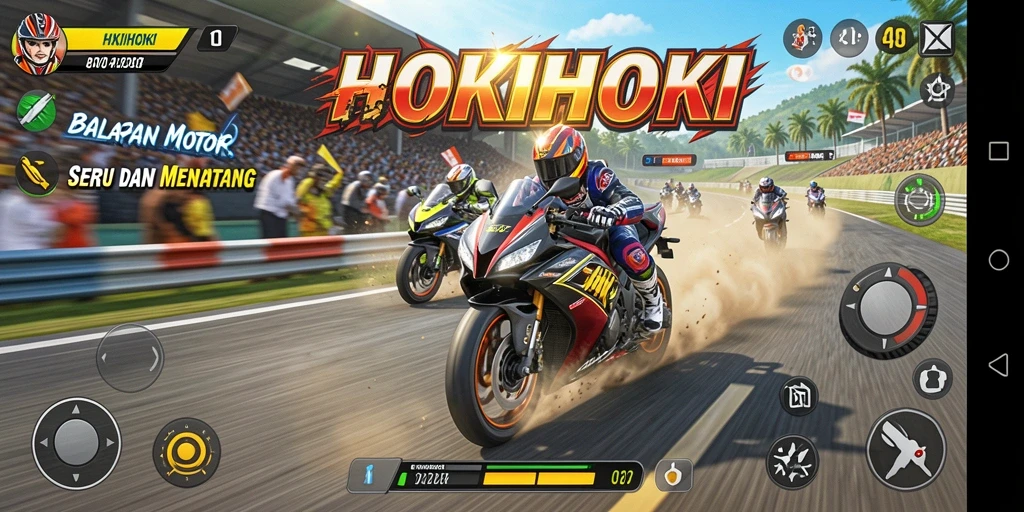 Tampilan gameplay HOKIHOKI yang penuh aksi balapan motor.
