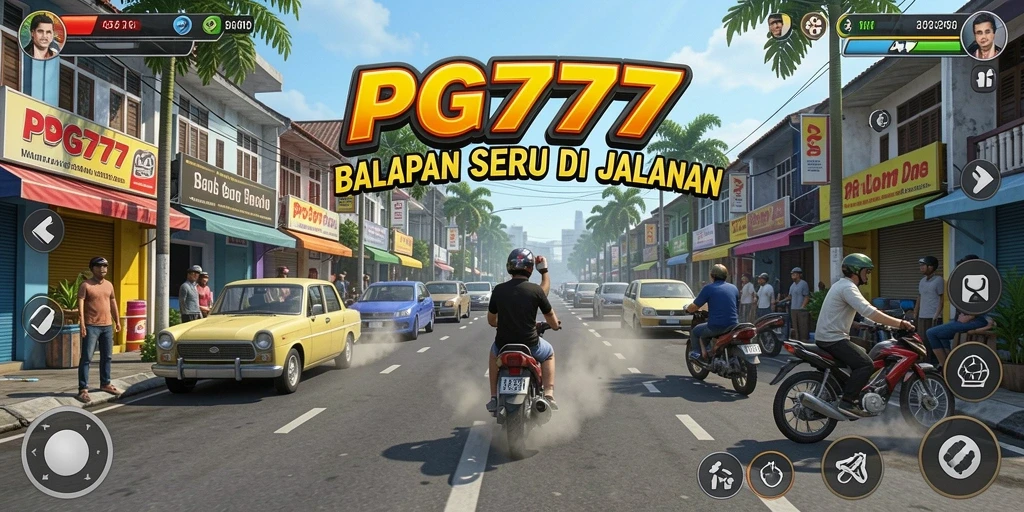 Screenshot PG777 menampilkan balapan seru dengan mobil kustomisasi.